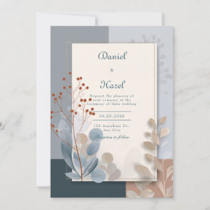 Slate Blue Red Berry Geometric Botanical Wedding Invitation