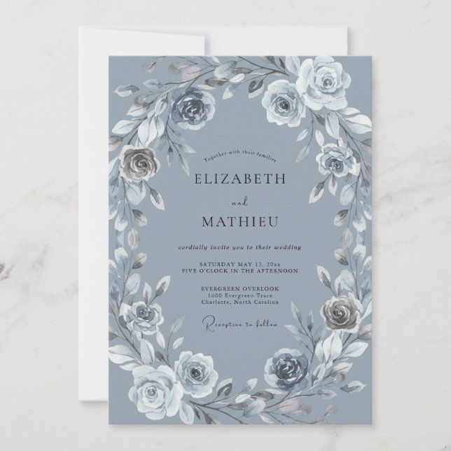 Slate Blue Romantic Botanical Wedding Invitation (Front)