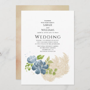 Slate Blue Sage Green Rustic Watercolor Floral Invitation