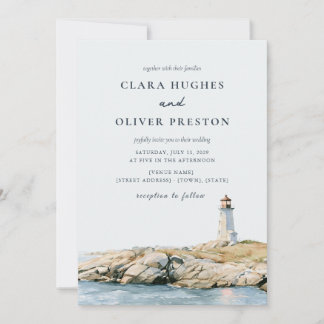 Slate Blue Sand Beige Script Lighthouse Wedding  Invitation