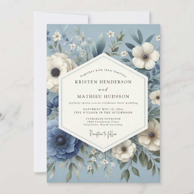 Slate Blue Serene Flora Wedding Invitation (Front)