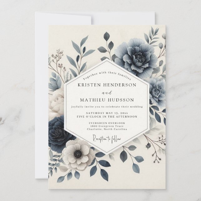 Slate Blue Serene Floral Wedding Invitation (Front)