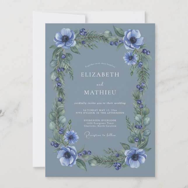 Slate Blue Serene Winter Wedding Invitation (Front)
