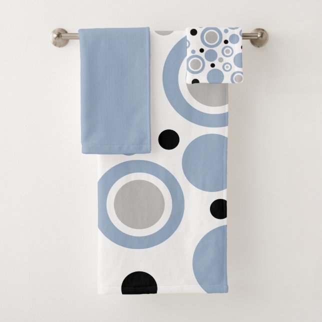 Slate Blue Silver White Geometric Print Bath Towel Set (Insitu)