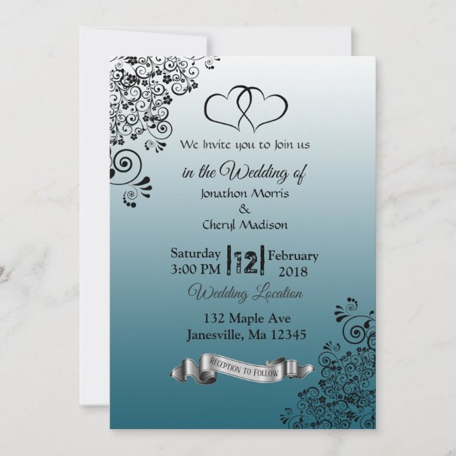 Slate Blue Simple Hearts Wedding Invitations (Front)