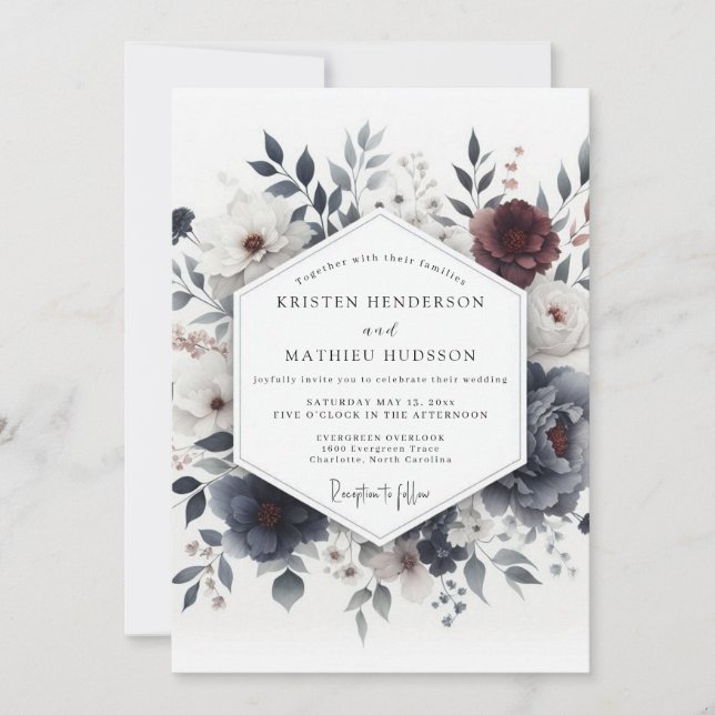 Slate Blue Somber Bloom Wedding Invitation (Front)