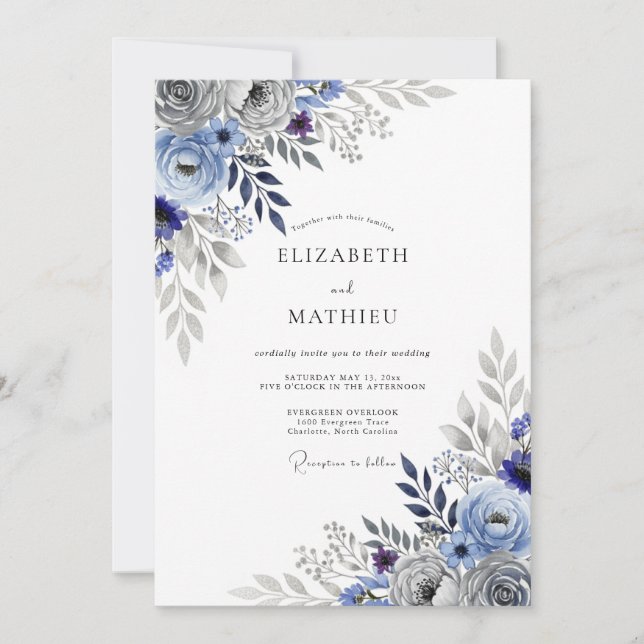 Slate Blue Striking Botanical Wedding Invitation (Front)