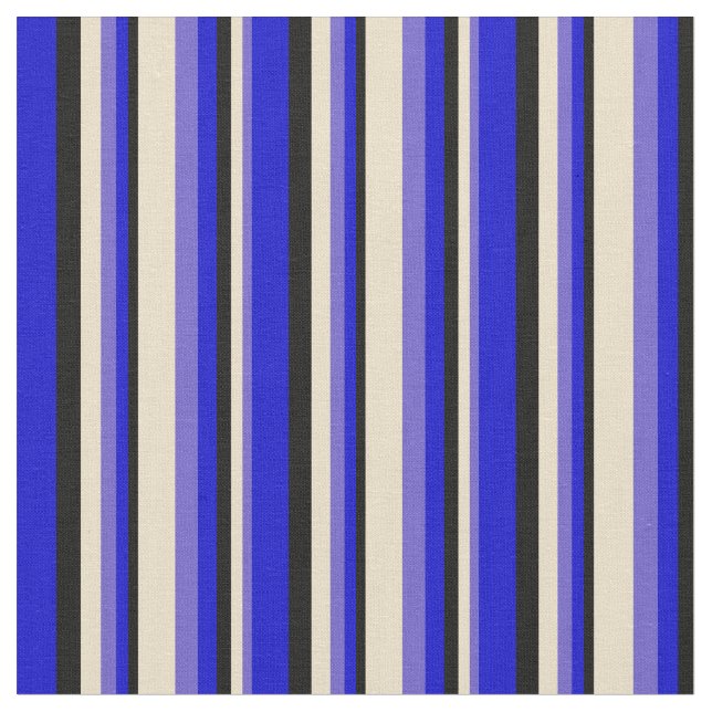 Slate Blue, Tan, Black, and Blue Stripes Pattern Fabric (Close Up)
