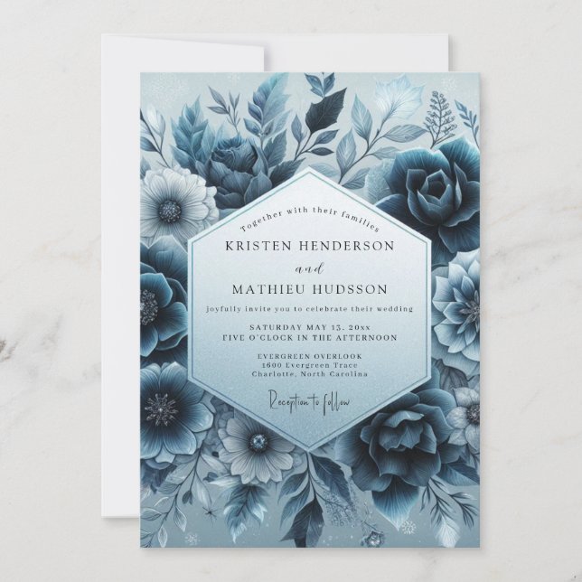 Slate Blue Velvet Bloom Wedding Invitation (Front)