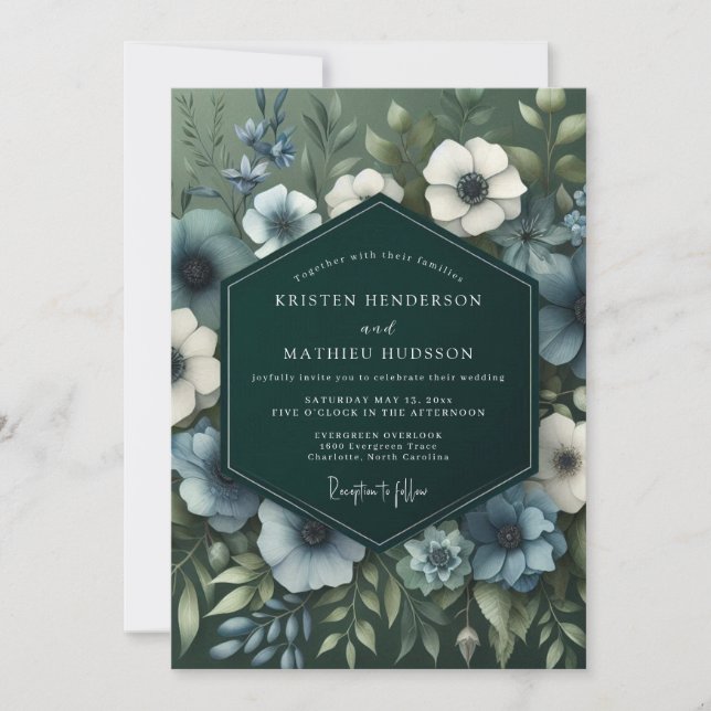 Slate Blue Verdant Bloom Wedding Invitation (Front)
