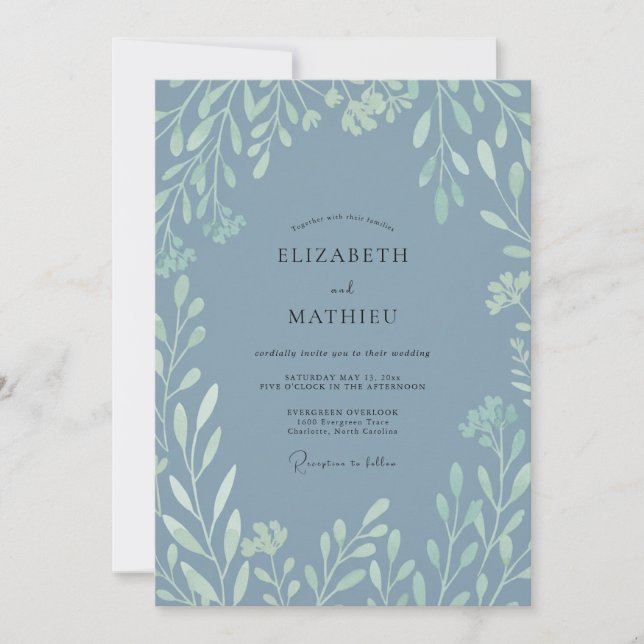 Slate Blue Verdant Flourish Wedding Invitation (Front)