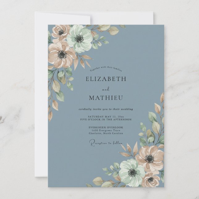 Slate Blue Verdant Romance Wedding Invitation (Front)