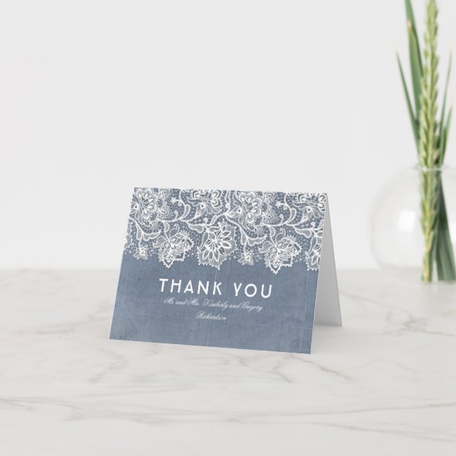 Slate Blue Vintage Lace Wedding Thank You Card (Front)