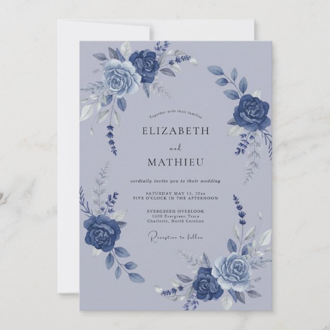 Slate Blue Watercolor Botanical Wedding Invitation (Front)