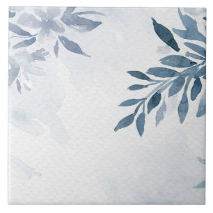Slate Blue Watercolor Branches Ceramic Tile