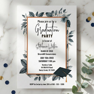 Slate Blue Watercolor Leaves Geometric Graduation Invitation