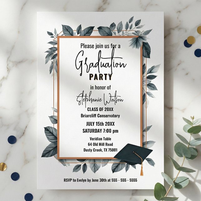 Slate Blue Watercolor Leaves Geometric Graduation Invitation (Creator Uploaded)