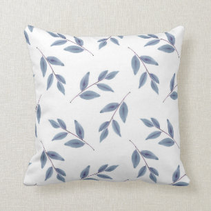 Slate Blue Watercolor Leaves Pattern Cushion