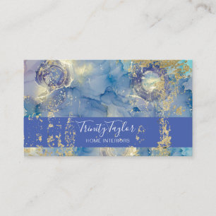 Slate Blue Watercolor Marble Ink & Gold Foil Business Card