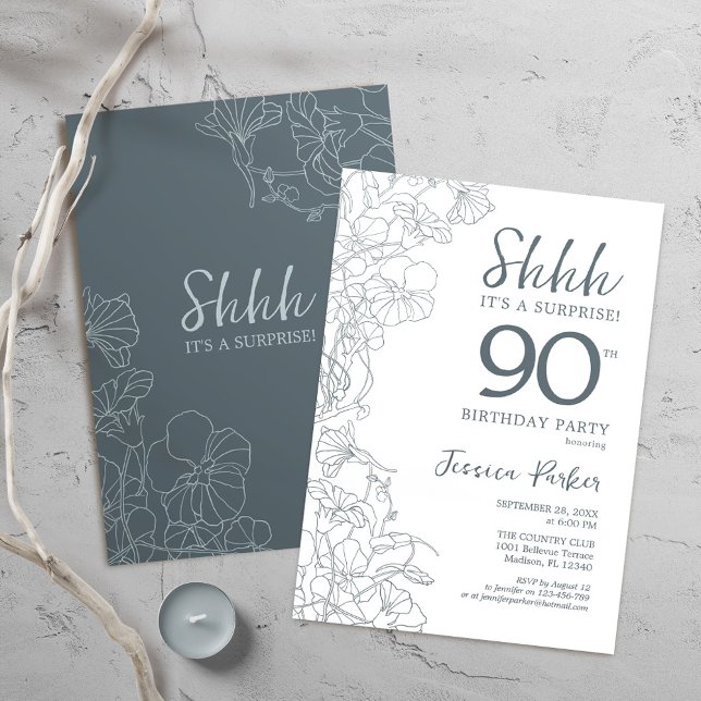 Slate Blue White Botanical Surprise 90th Birthday Invitation (Creator Uploaded)