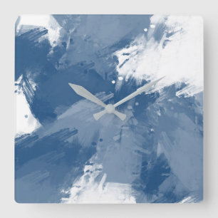 Slate Blue White Modern Abstract Brushstrokes Square Wall Clock