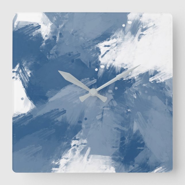 Slate Blue White Modern Abstract Brushstrokes Square Wall Clock (Front)