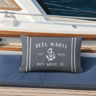 Slate Blue & White Personalised Boat Name Anchor Lumbar Cushion
