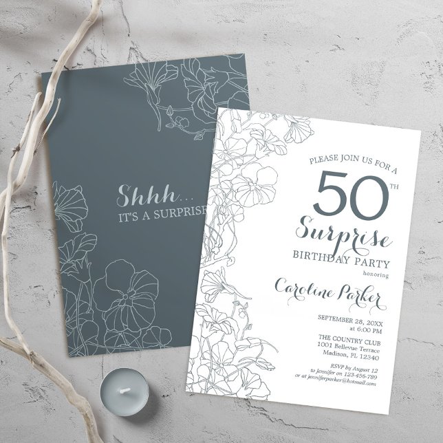 Slate Blue White Surprise 50th Birthday Party Invitation (Creator Uploaded)