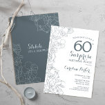 Slate Blue White Surprise 60th Birthday Party Invitation<br><div class="desc">Slate Blue White Surprise 60th Birthday Party Invitation. Minimalist modern design featuring botanical accents and typography script font. Floral invite card perfect for a stylish female surprise bday celebration. Can be customised to any age.</div>