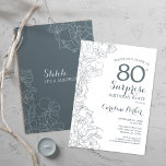 Slate Blue White Surprise 80th Birthday Party Invitation<br><div class="desc">Slate Blue White Surprise 80th Birthday Party Invitation. Minimalist modern design featuring botanical accents and typography script font. Floral invite card perfect for a stylish female surprise bday celebration. Can be customised to any age.</div>