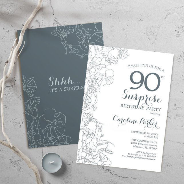 Slate Blue White Surprise 90th Birthday Party Invitation (Creator Uploaded)
