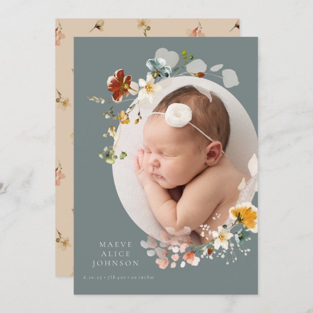 Slate Blue Wildflower Photo Birth Announcement (Front/Back)
