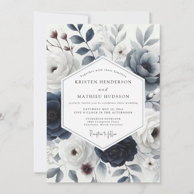 Slate Blue Wintry Floral Wedding Invitation (Front)