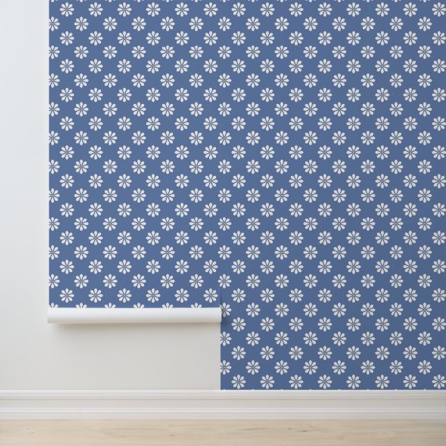 Slate Blue with Pattern of White Daisies Wallpaper (Application)