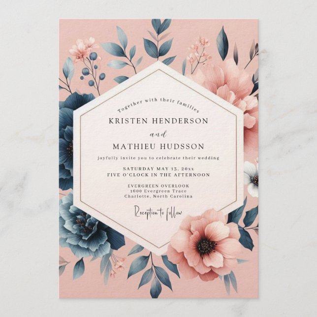 Slate Blush Dreamy Flora Wedding Invitation (Front)