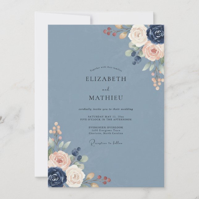 Slate Blush Flower Eucalyptus Wedding Invitation (Front)