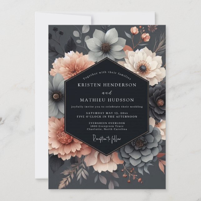 Slate Blush Moody Bloom Wedding Invitation (Front)