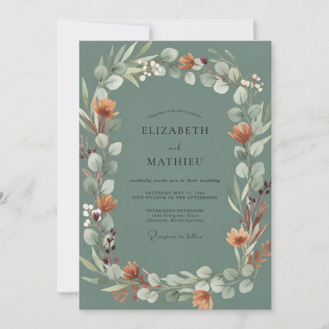 Slate Blush Peach Wreath Wedding Invitation (Front)