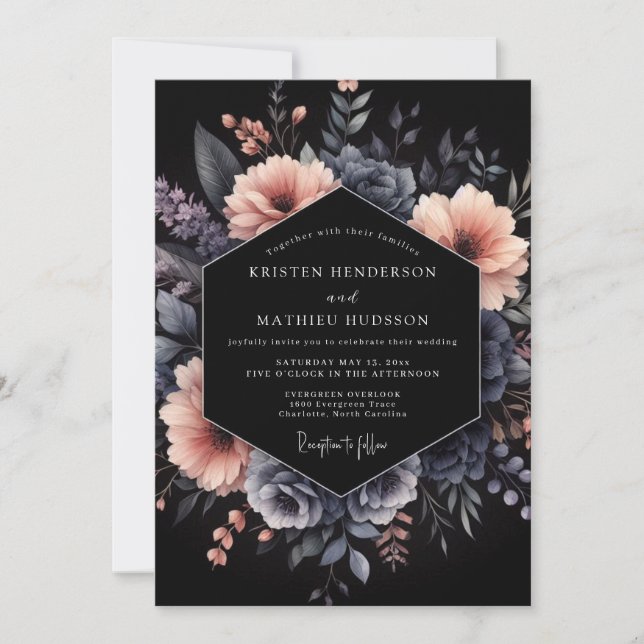 Slate & Blush Shadowy Bloom Wedding Invitation (Front)