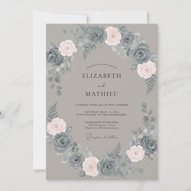 Slate Blush Wreath Wedding Invitation (Front)