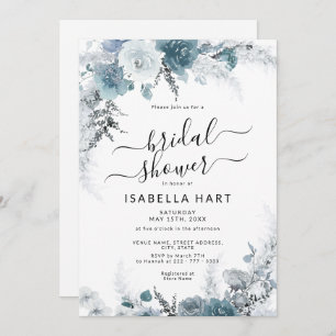 Slate Boho Dusty Blue Neutral Floral Bridal Shower Invitation