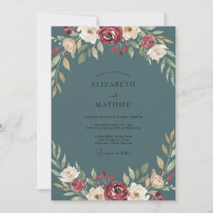 Slate Burgundy Leafy Wedding Invitation