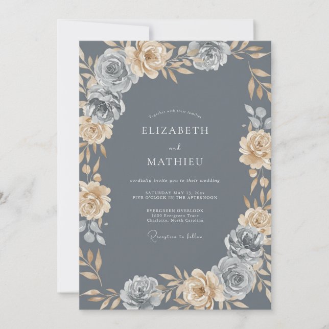 Slate Champagne Ranunculus Eucalyptus Wedding Invitation (Front)