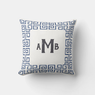 Slate Chinoiserie Wide Greek Key Border Monogram Cushion