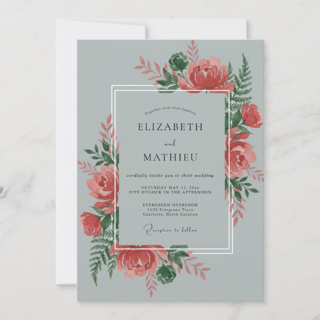 Slate Coral Leafy Wedding Invitation (Front)
