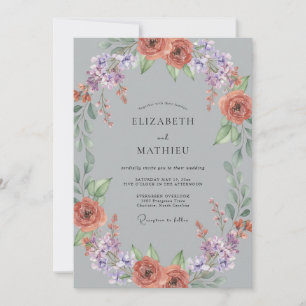 Slate Coral Lilac Wreath Wedding Invitation