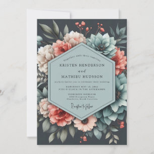 Slate Coral Moody Bloom Wedding Invitation