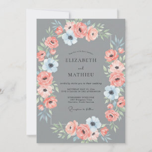 Slate Coral Ranunculus Soft Eucalyptus Wedding Invitation