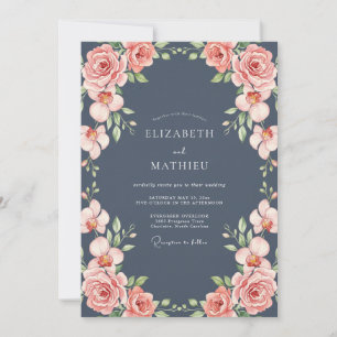 Slate Coral Rose Wedding Invitation