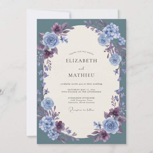 Slate Cornflower Ranunculus Eucalyptus Wedding Invitation (Front)